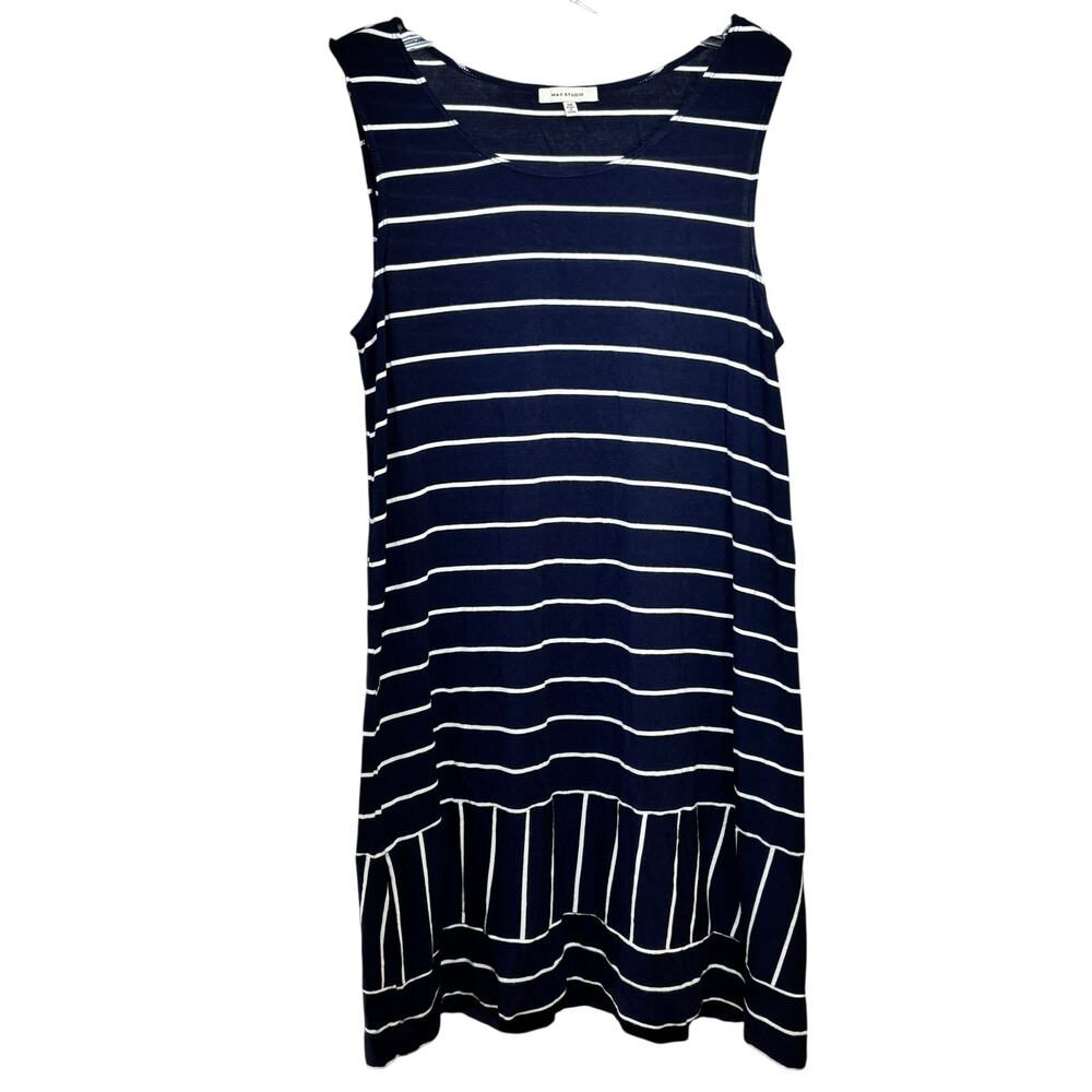 Max Studio Tank Dress Women's Medium Navy Blue & White Stripe Casual Nautical